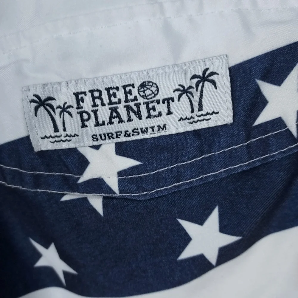 Free Planet Swim Trunks Mens XL Red White Blue Flag Lined DrawstringClassic...